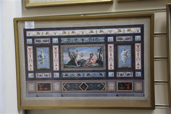 19th century Italian School Renaissance panel decorated with scene of Pan, two nymphs and geometric panels 13 x 21in.